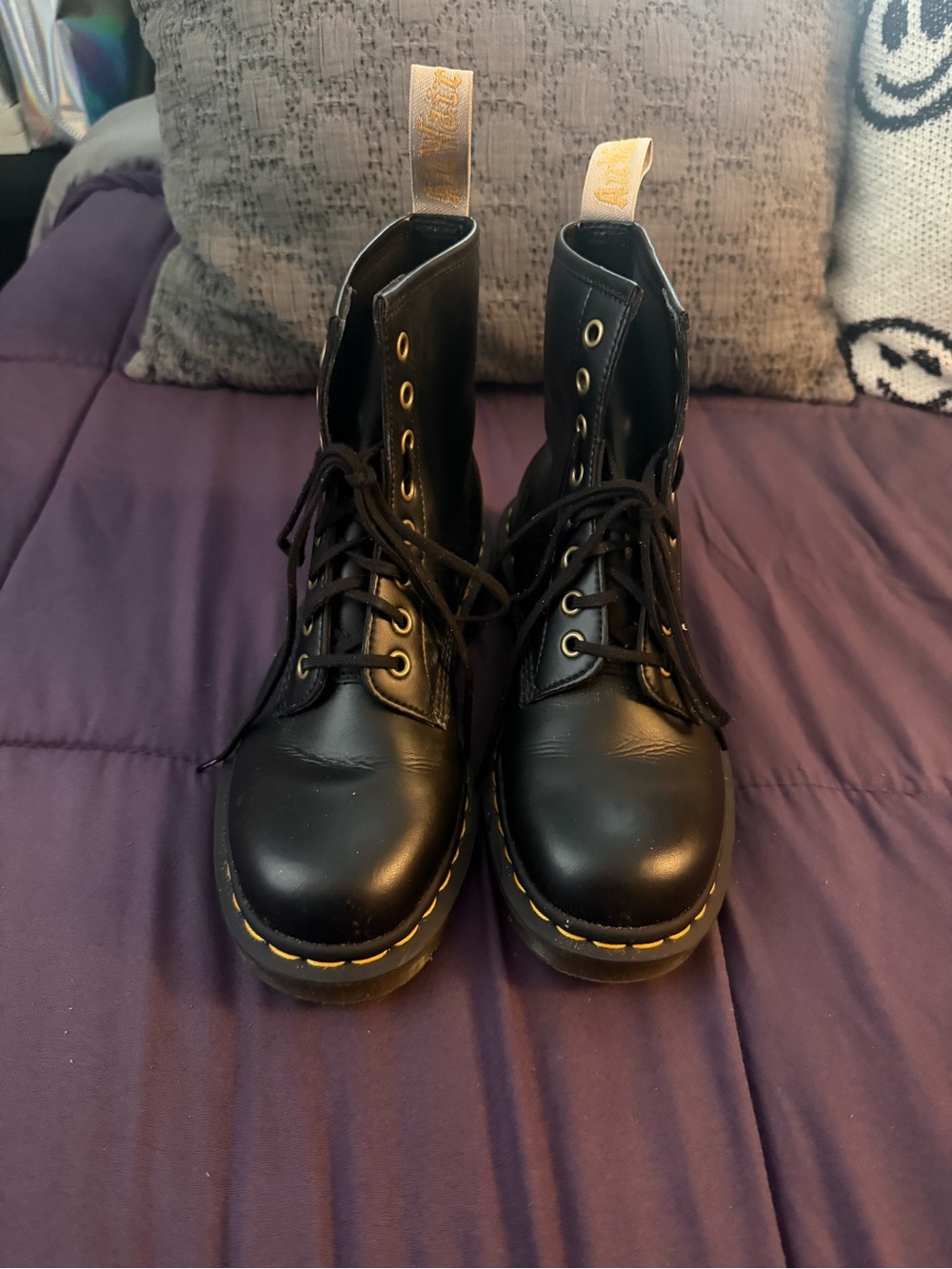 Dr. Martens Black Lace-Up Leather Combat Boots with Yellow Stitching